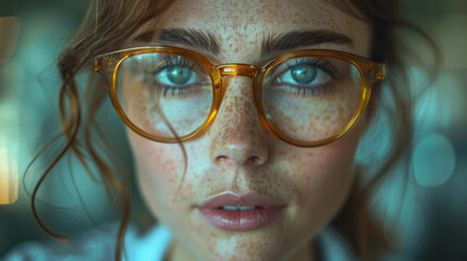 Close-up portrait of a young woman with freckles with glasses