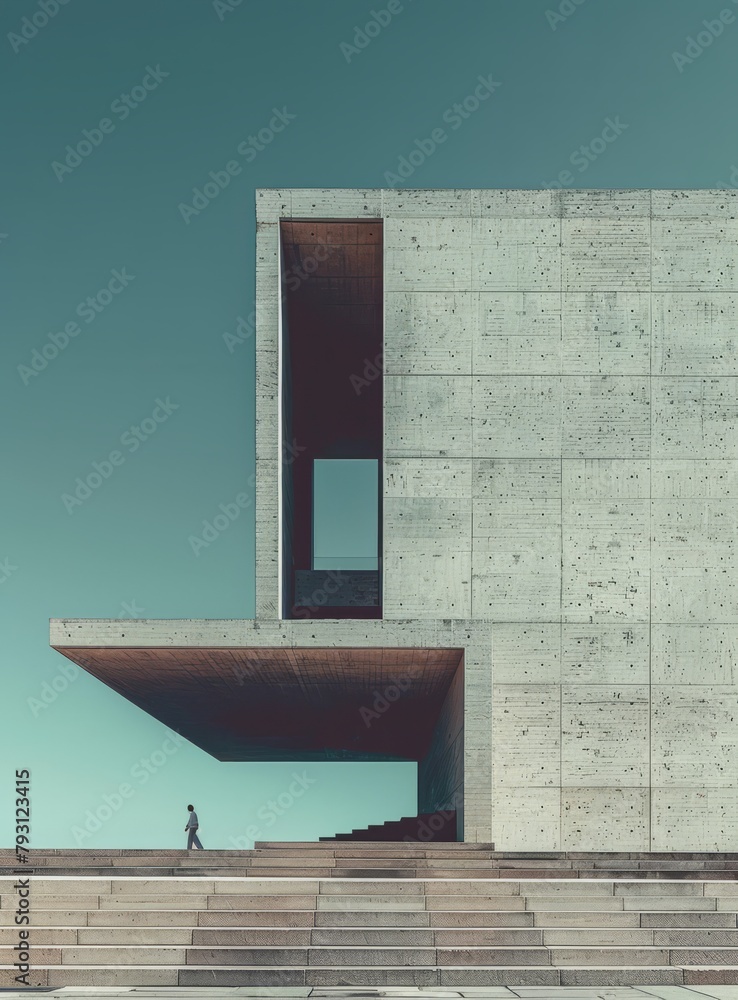 Poster man walking towards a concrete building with a large opening