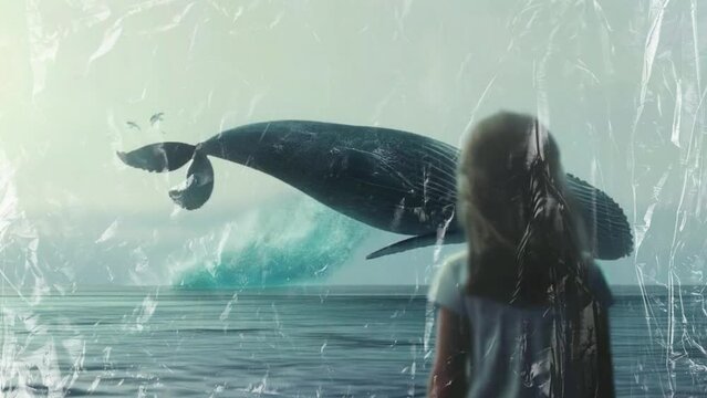 ilustração garota olhando baleia no ceu 