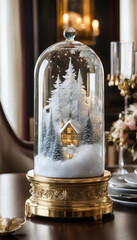 Snow globe with winter landscape on a festive table