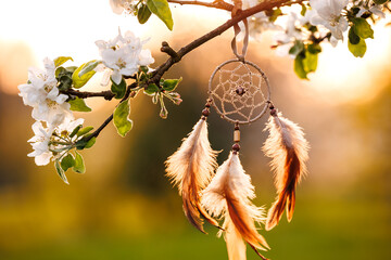 Dreamcatcher hanging on blooming tree in wind at springtime. Spirituality and ritual ornament for good dreaming - obrazy, fototapety, plakaty