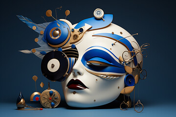 An artistic, surreal image of a mask with mechanical components and cool tones - obrazy, fototapety, plakaty