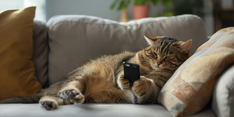 Lazy cat browsing phone lying on a grey sofa