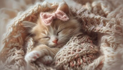 Obraz premium Curled up in a ball of soft fur, a kitten with a miniature pink bow adorning its knitted sweater sleeps soundly, its tiny paws tucked inside for extra warmth