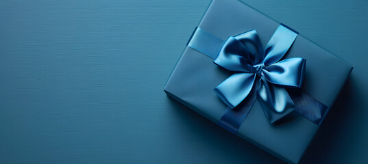 Banner with blue gift box and ribbon for man and boy, perfect for holiday and birthday presents. Flat lay on blue background with copy space.