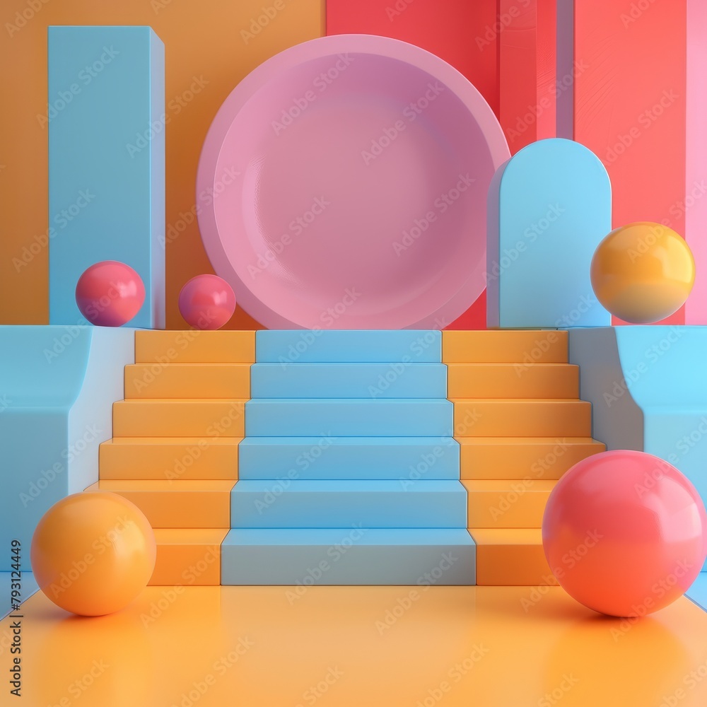 Poster 3d rendering of geometric shapes with stairs and balls