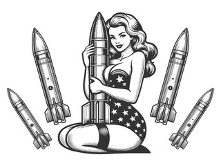 pin-up girl embracing rocket, amidst a backdrop of flying rockets sketch engraving generative ai fictional character vector illustration. Scratch board imitation. Black and white image. - obrazy, fototapety, plakaty