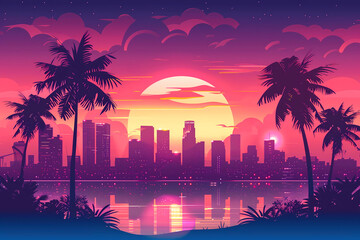 psychedelic synth wave city skyline at sunset, wallpaper art with palm trees