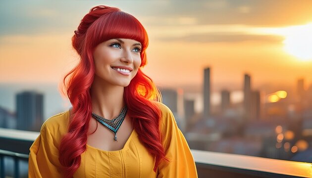 Mulher ruiva cyberpunk de vestido amarelo