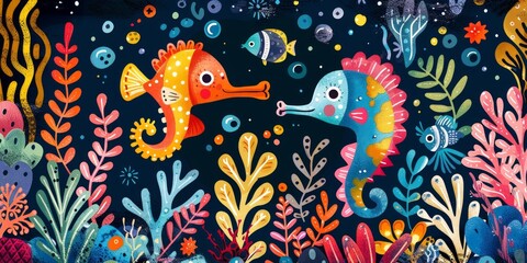 Fototapeta premium Two seahorses in a colorful coral reef