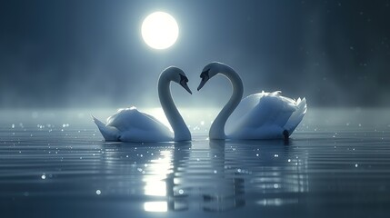 Two swans swimming in the moonlight.