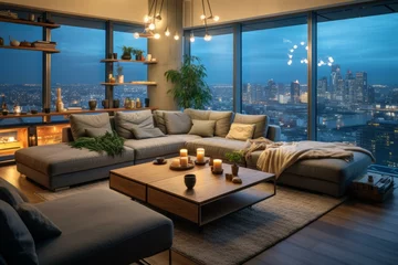 Foto op Plexiglas b'Modern living room interior with large windows and city view' © duyina1990