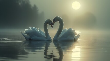 Two swans swimming on a lake at sunrise with fog in the background