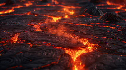 A lava field with a large, glowing fire in the middle. The fire is surrounded by rocks and the ground is covered in lava. The scene is intense and dramatic, with the fire