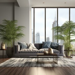 b'A modern living room with a large window and a gray sofa'