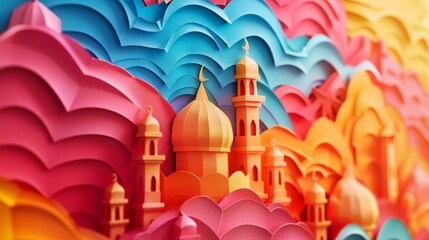 b'Vibrant illustration of a mosque with colorful paper cutouts'