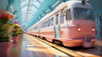 Naklejka premium b'A pink and blue train sits in a station with large glass windows and potted plants'