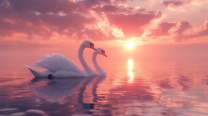Two swans on a lake at sunset