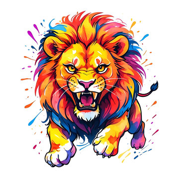 Roaring Lion with Colorful Mane and Splatter Effect