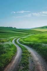 Scenic view of a rural road through green fields - obrazy, fototapety, plakaty