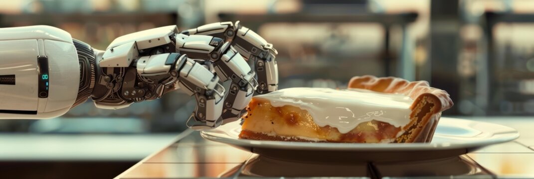 With a cheerful chime, a robotic arm deposits a warm slice of pie on a plate, its internal display flashing a message Enjoy Freshly baked with love and a few circuits