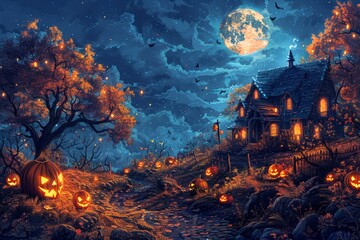 Spooky Halloween Night Haunted House - obrazy, fototapety, plakaty