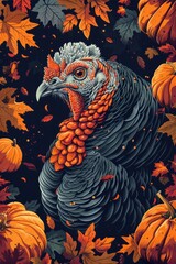A majestic turkey surrounded by pumpkins and fall leaves - obrazy, fototapety, plakaty