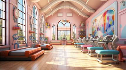 b"A colorful and inviting children's gym with exercise equipment and toys"