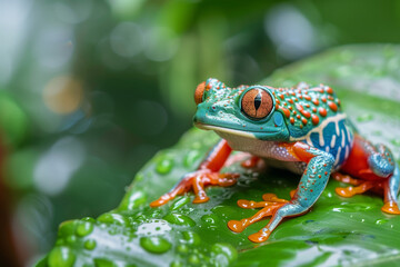 Obraz premium A frog with green, orange, and blue spots is sitting on a leaf