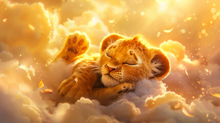 A baby lion is sleeping in the clouds. The clouds are yellow and fluffy. The lion is curled up and...