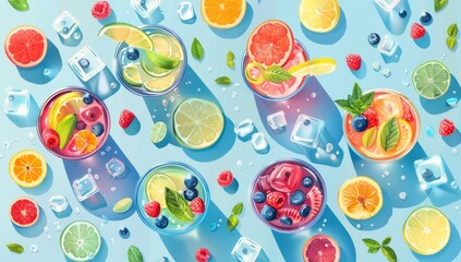 colorful drinks with ice cubes and fruit slices in glasses, arranged on the table Generative AI - obrazy, fototapety, plakaty