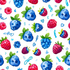 Seamless Berry Pattern with Watercolor Hearts