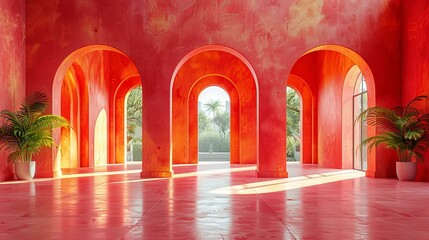 b'Pink arched hallway with plants'