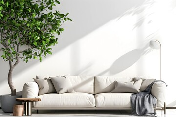 3D rendering modern living room Interior have sofa, tree and lamp on Copy Space White Wall Background