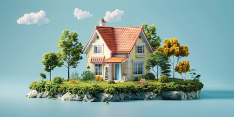 A cute cartoon house with a red roof and a yellow body