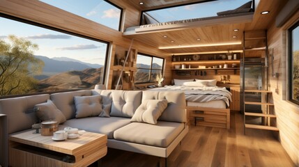 b'Modern interior of a tiny house on wheels with large windows and a comfortable sofa'