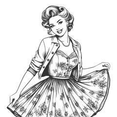 Pin-up girl woman in 1950s dress moment of playful twirl retro fashion elegance sketch engraving generative ai fictional character vector illustration. Scratch board imitation. Black and white image. - 793127841