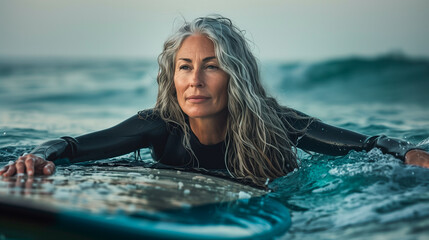 A mid-adult woman surfer is in the ocean, holding a surfboard.