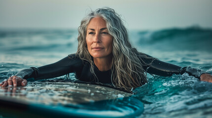 A mid-adult woman surfer is in the ocean, holding a surfboard. - Powered by Adobe