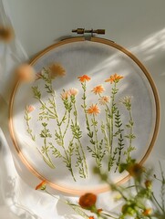 satin stitch embroidery in a round hoop, floral motifs, blue pink and yellow flowers