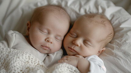 A portrait of a pair of newborn twins, one sleeping peacefully and the other with eyes wide open in wonder.