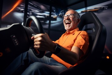 Elderly Man Having Fun in a Racing Simulator. Joyful senior man experiencing a virtual car race in a simulator setup.