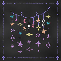 Cute Colorful Design Element Thread with the Suspended Stars Isolated on Chalkboard Backdrop. Children's Chalk Drawn Sketch.