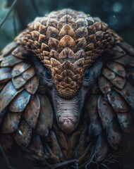 Close-up of a pangolin in front view revealing the animal's distinct features. Cute pangolin in calm and serene posture on a blurred dark forest background.