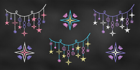 Children's Chalk Drawn Sketch. Set of Design Elements Colored Threads with Pendants and Shining Stars Isolated on Chalkboard Backdrop.