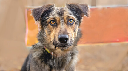 Adult dog from shelter with grateful look in his eyes on brown background