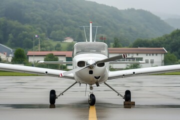 Small private airplane front view rain - obrazy, fototapety, plakaty