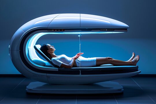 Woman lying in high tech artificial intelligance capsule, relaxed soft blue light advanced healing and rejuvenation technologies