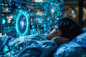 Girl sleeps soundly on high tech mattress in room filled with electronic equipment, suggesting...