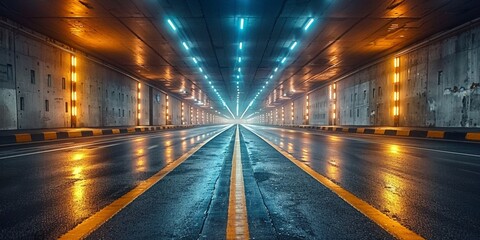 At night, an illuminated tunnel guides vehicles through the urban landscape with a modern, abstract aesthetic.
